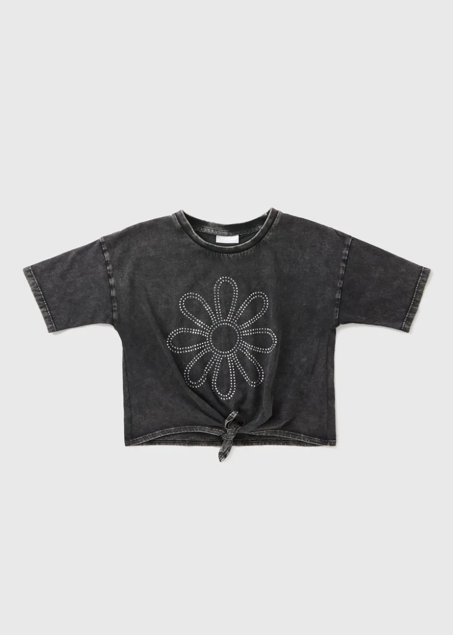 Girls Charcoal Diamante Flower Knot Front Top (7-15yrs)