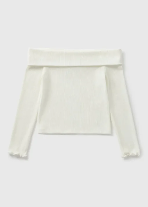 Girls Cream Bardot Long Sleeve Top (7-15yrs)