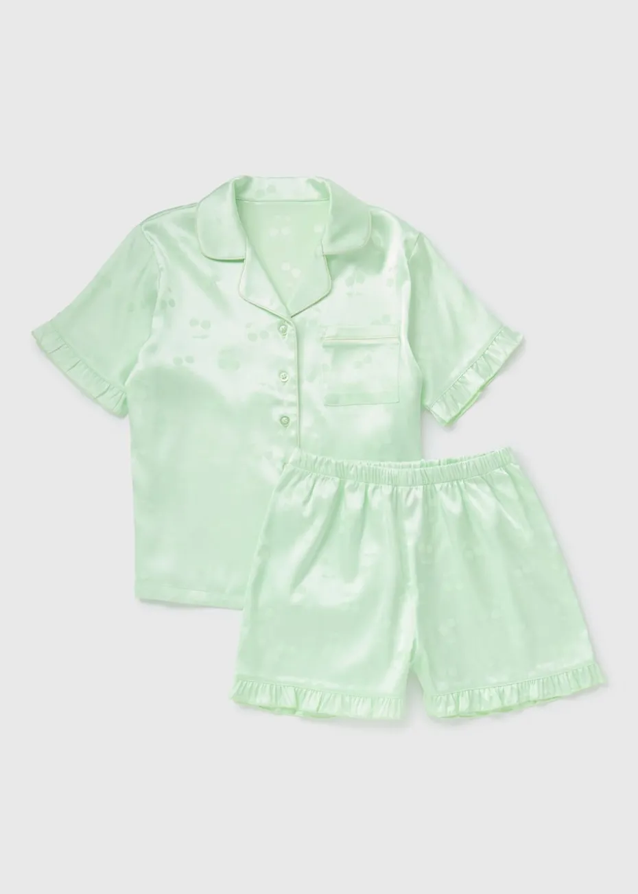 Girls Green Cherry Satin Pyjama Set (4-12yrs)