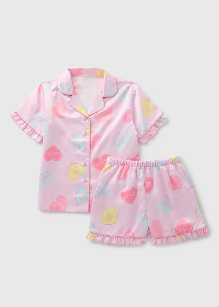Girls Lilac Heart Satin Pyjama Set (4-13yrs)