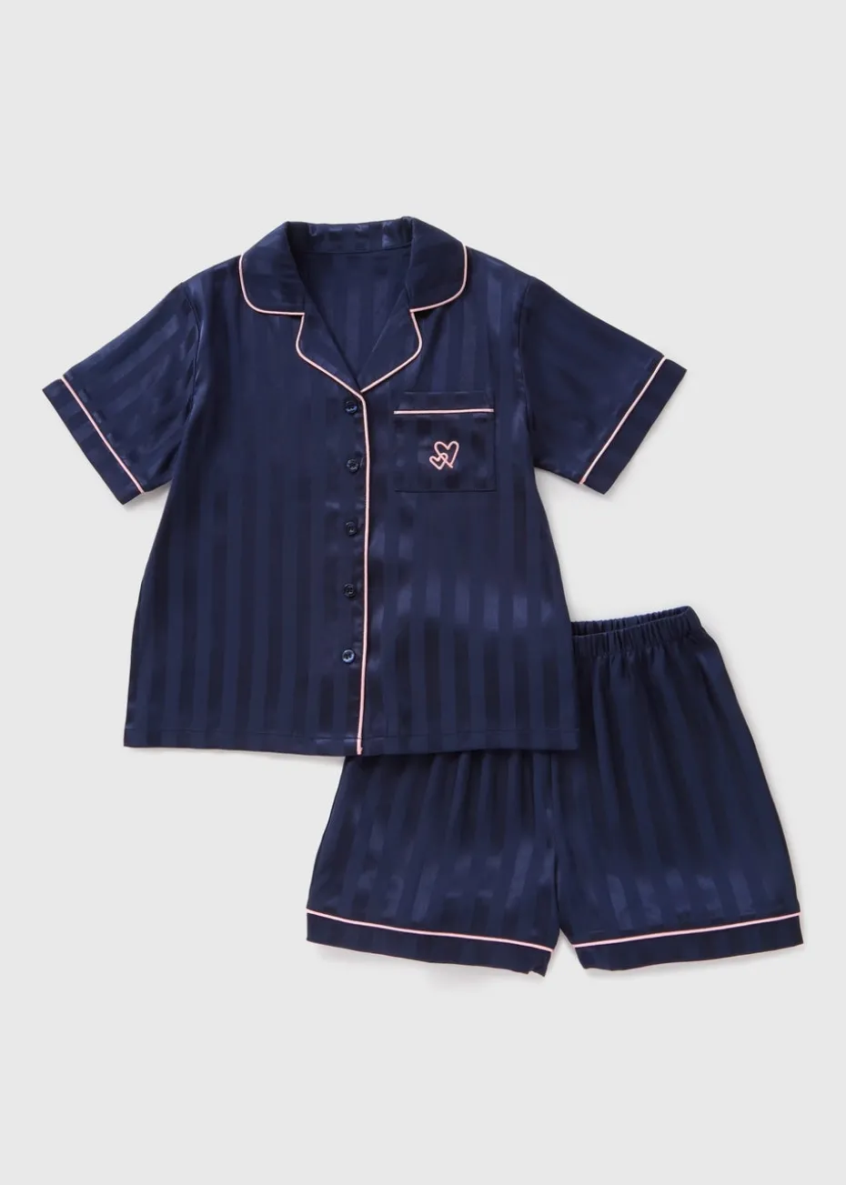 Girls Navy Stripe Satin Pyjama Set (4-13yrs)