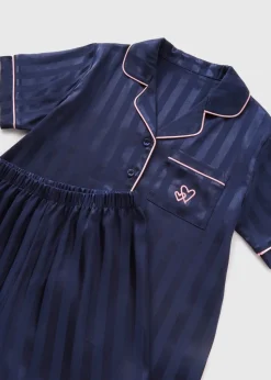 Girls Navy Stripe Satin Pyjama Set (4-13yrs)