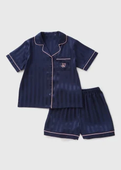 Girls Navy Stripe Satin Pyjama Set (4-13yrs)