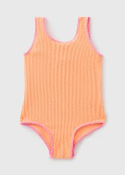 Girls Orange Crinkle Contrast Swimsuit (1-7yrs)