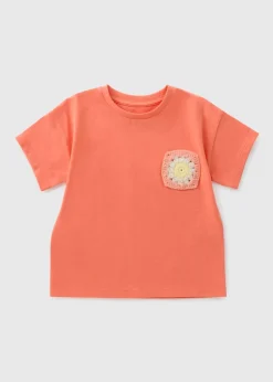 Girls Peach Crochet Pocket T-Shirt (1-7yrs)