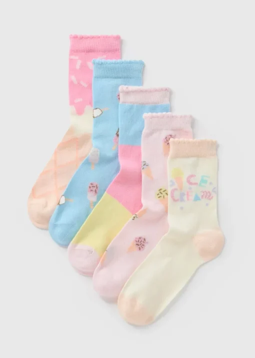 Girls Pink 5 Pack Ice Cream Socks (Younger 9 - Older 8.5)