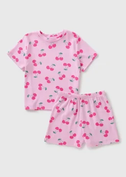 Girls Pink Cherry Ribbed Short Pyjama Set (4-13yrs)