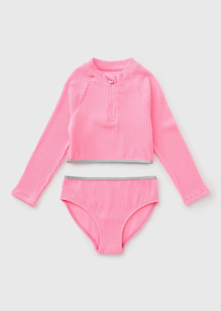 Girls Pink Crinkle Half Zip Bikini Set (6-15yrs)