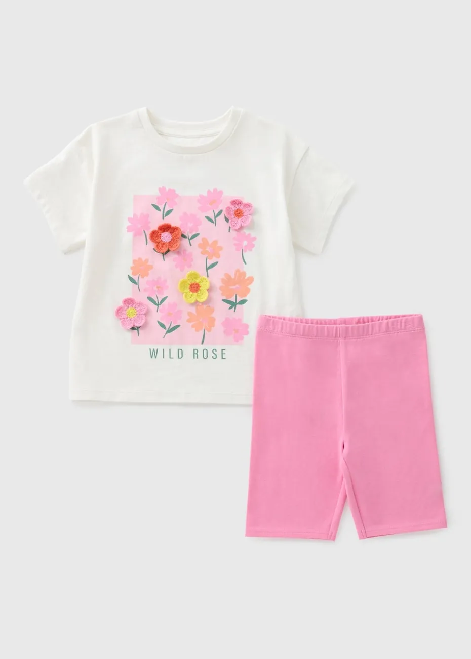 Girls Pink Crochet Flower T-Shirt & Shorts Set (1-7yrs)
