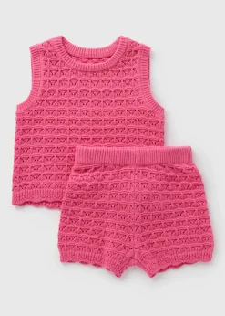 Girls Pink Crochet Vest & Shorts Set (1-7yrs)