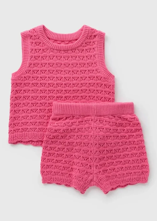 Girls Pink Crochet Vest & Shorts Set (1-7yrs)
