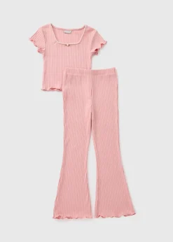 Girls Pink Ribbed Top & Flare Leggings (7-15yrs)