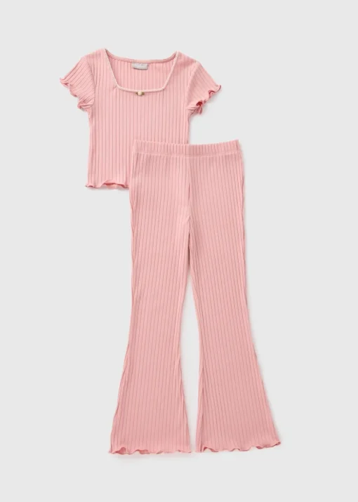 Girls Pink Ribbed Top & Flare Leggings (7-15yrs)