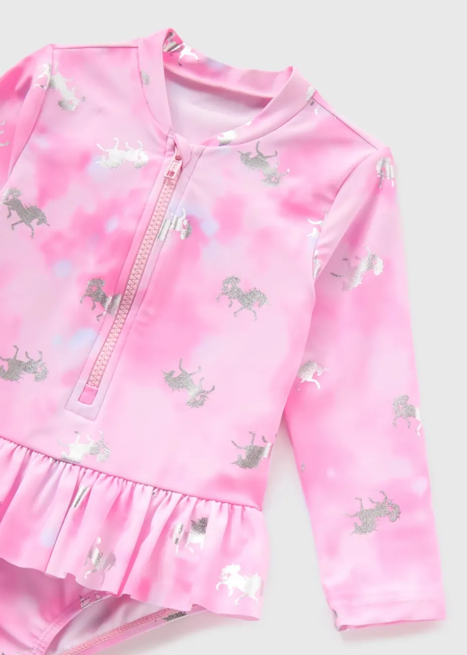 Girls Pink Unicorn Foil Swimsuit (1-7yrs)