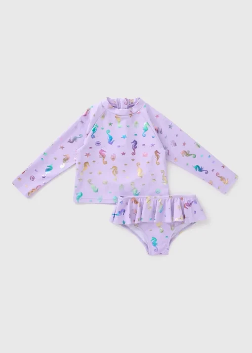 Girls Purple 2 Piece Seahorse Swimming Costume