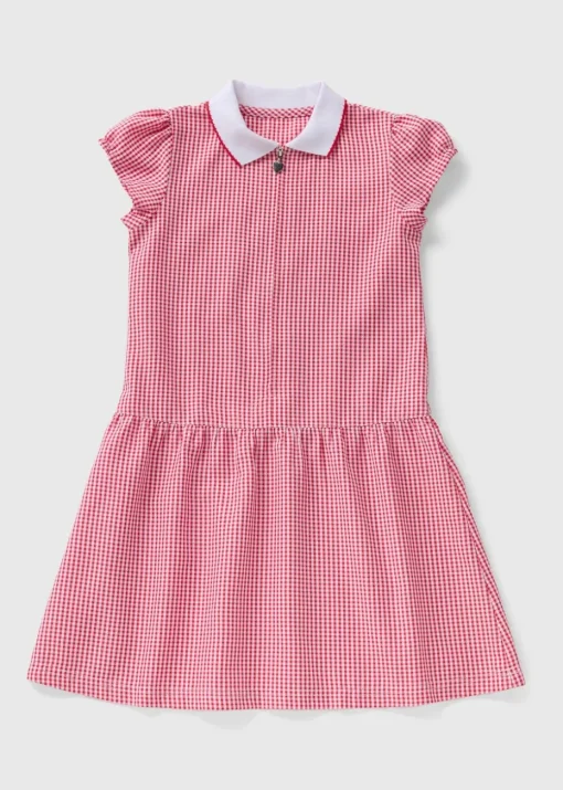 Girls Red Gingham Knit Collar School Dress (3-13yrs)