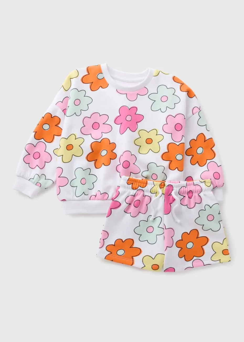 Girls White Floral Sweatshirt & Shorts Set (1-7yrs)