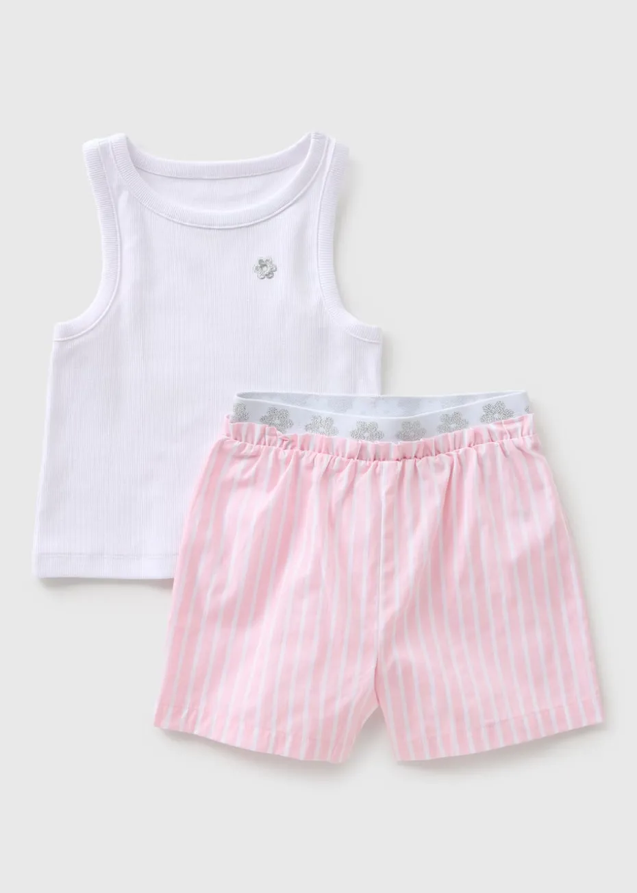 Girls White Flower Stripe Ribbed Pyjama Set (7-13yrs)