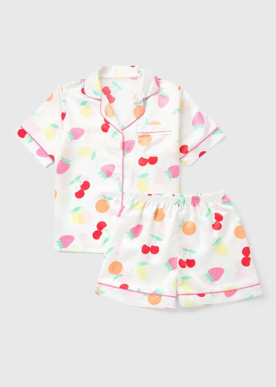 Girls White Fruit Satin Pyjama Set (4-13yrs)