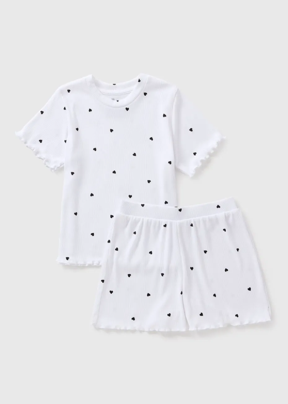Girls White Heart Short Pyjama Set (7-13yrs)