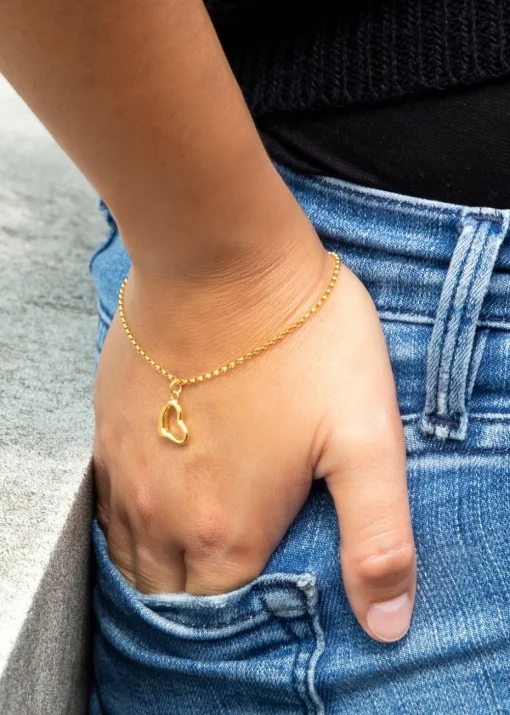 Golden Moments 9ct Gold 'Heart' Charm Round-Belcher-Chain Bracelet
