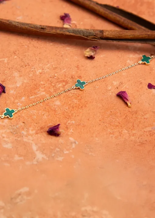 Golden Moments 9ct Yellow Gold 3 x 6.5mm Malachite Clover Petals Bracelet