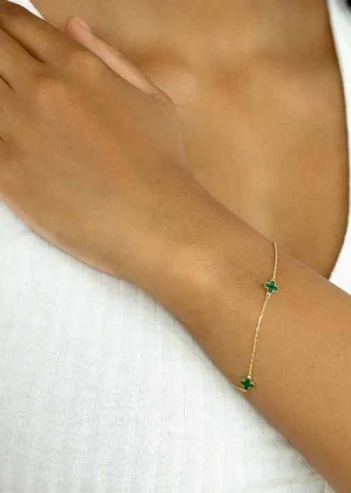 Golden Moments 9ct Yellow Gold 3 x 6.5mm Malachite Clover Petals Bracelet