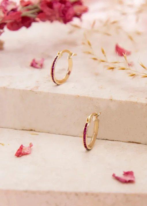 Golden Moments 9ct Yellow Gold Round Red CZs Endless Slim Hoop Earrings