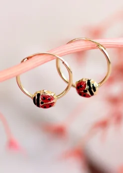 Golden Moments 9ct Yellow Gold Enamel Ladybird Hoop Earrings