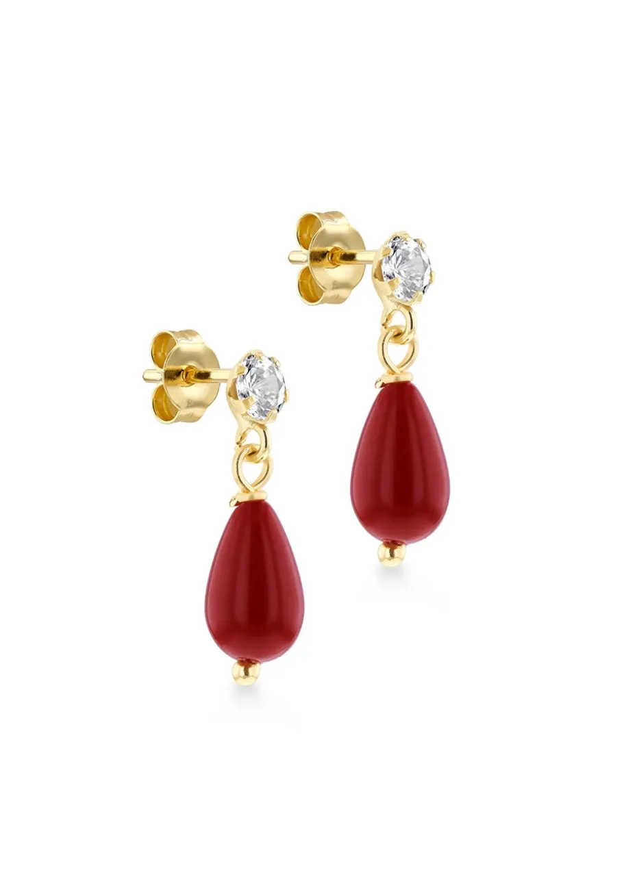 Golden Moments 9ct Yellow Gold Red Stone CZ Drop Earrings