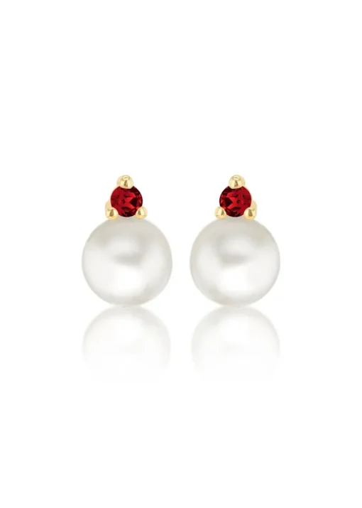 Golden Moments 9ct Yellow Gold Fresh Water Pearls with Round Red CZ Stud Earrings