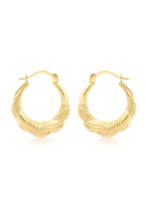 Golden Moments 9ct Yellow Gold Patterned Scallop Edge Creole Earrings