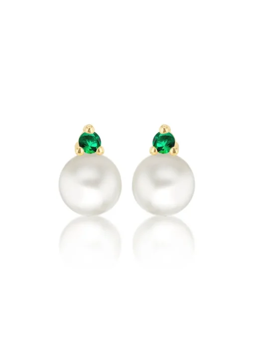 Golden Moments 9ct Yellow Gold Fresh Water Pearls with Round Green CZ Stud Earrings