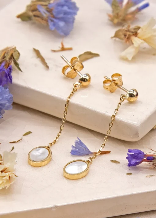 Golden Moments 9ct Yellow Gold Oval Mother of Pearl Drop Stud Earrings