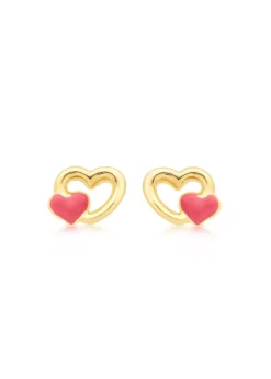 Golden Moments 9ct Yellow Gold Pink Enamel Double-Heart Stud Earrings