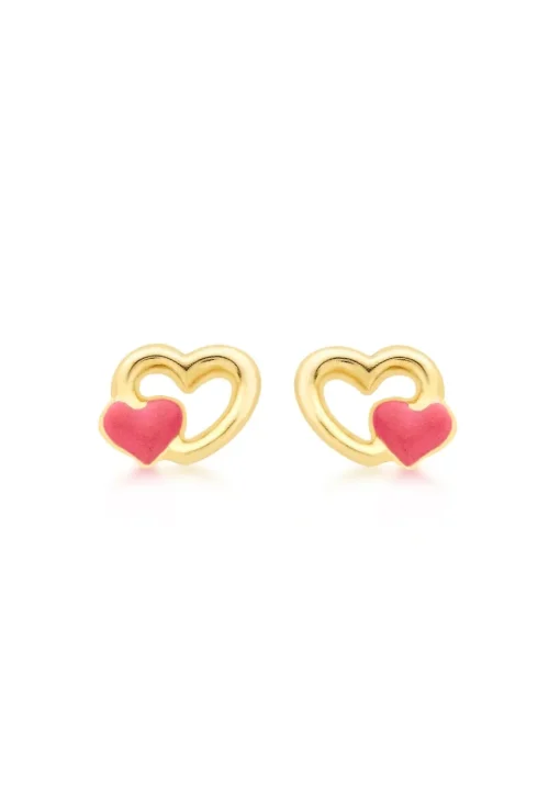Golden Moments 9ct Yellow Gold Pink Enamel Double-Heart Stud Earrings