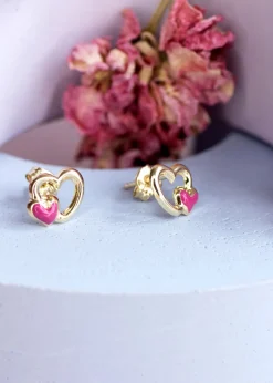 Golden Moments 9ct Yellow Gold Pink Enamel Double-Heart Stud Earrings