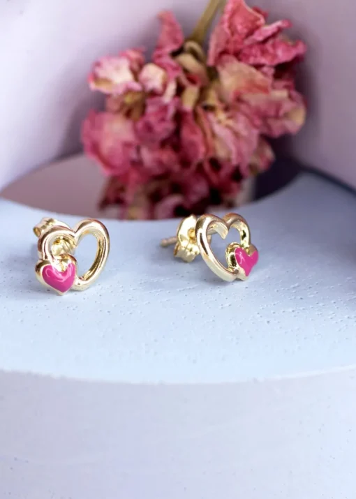 Golden Moments 9ct Yellow Gold Pink Enamel Double-Heart Stud Earrings