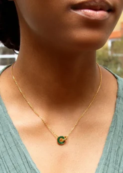 Golden Moments Gold Plated Round Malachite CZ Linked Rings Necklace