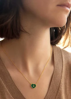 Golden Moments Gold Plated Heart Malachite with Cross Detail Necklace