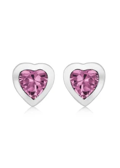 Golden Moments Sterling Silver Rhodium Plated Pink CZ Heart Stud Earrings
