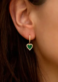 Golden Moments Sterling Silver Yellow Gold Plated Malachite and CZ Heart Drop Earring