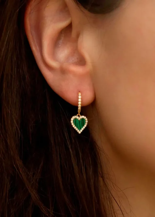Golden Moments Sterling Silver Yellow Gold Plated Malachite and CZ Heart Drop Earring