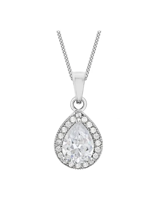 Golden Moments Sterling Silver CZ Halo Teardrop Necklace