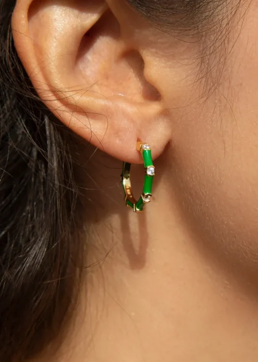Golden Moments Yellow Gold Plated CZs Green Enamel Hoop Earrings