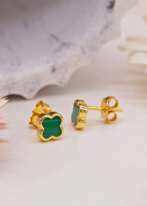 Golden Moments Yellow Gold Plated Clover Malachite Stud Earrings