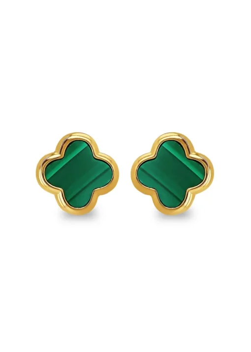 Golden Moments Yellow Gold Plated Clover Malachite Stud Earrings