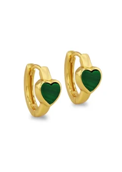 Golden Moments Yellow Gold Plated Heart Malachite Huggy Earrings
