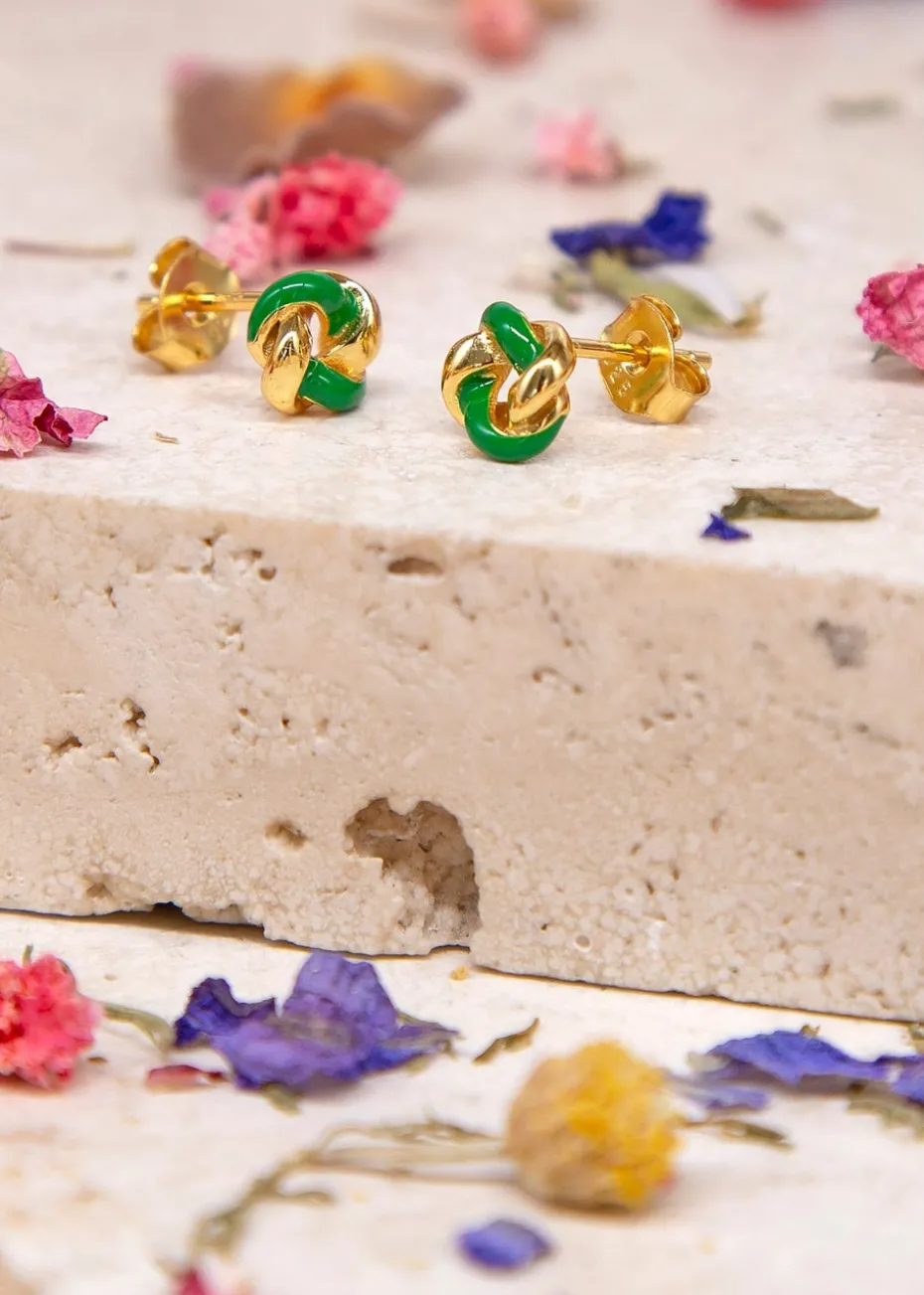 Golden Moments Yellow Gold Plated Green Enamel Small Knot Studs