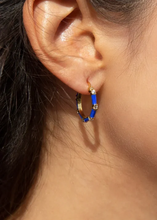 Golden Moments Yellow Gold Plated CZs Blue Enamel Hoop Earrings